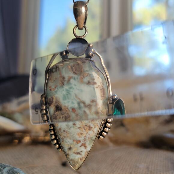 Larimar Blue Topaz Pendant Sterling Silver, Handmade Ocean-Inspired Jewelry - Picture 4 of 10